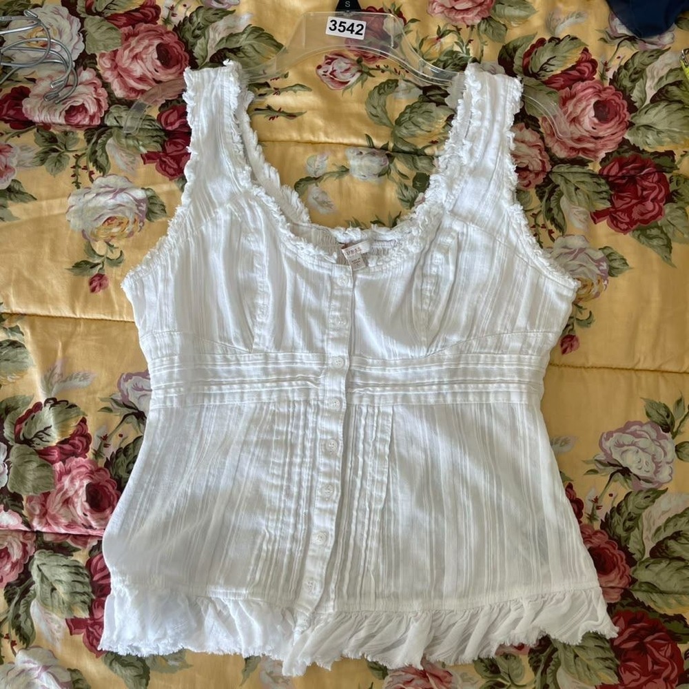 Guess White Cotton Ruffle Top Button Front L Coquette Boho Y2k Peasant Festival